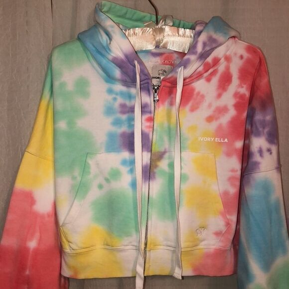 ivory ella M Crop Tie Dye Full Zip Drawstring Hoodie - Picture 3 of 12
